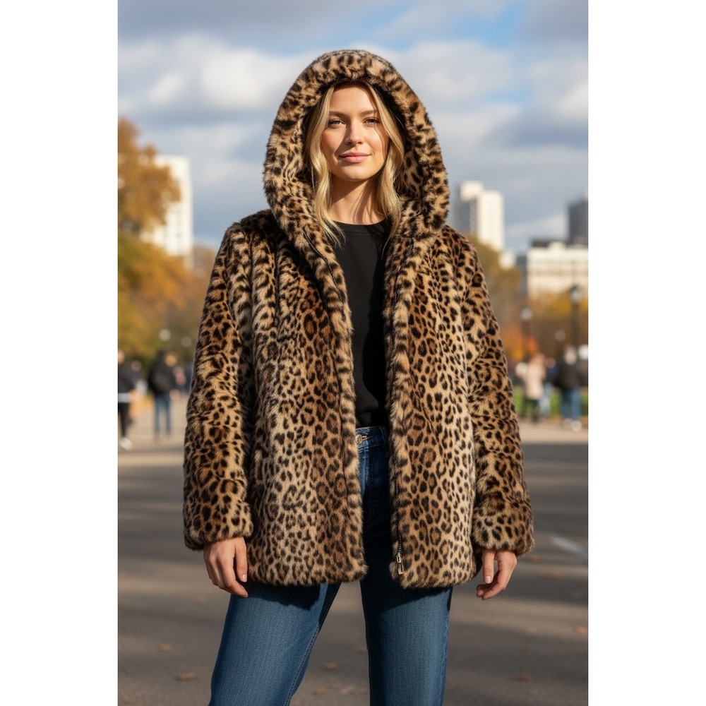 Roamans‎ Leopard Print Faux Fur Hooded Coat Plus Size 34/36 4X Brown Black Zip - Picture 5 of 12